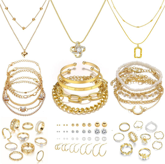 36 PC Gold Plated Jewelry Set with 4 Necklace, 11 Bracelet, 7 Ear Cuffs Earring, 14 Knuckle Rings for Women Girls Valentine Anniversary Birthday Friendship Gift