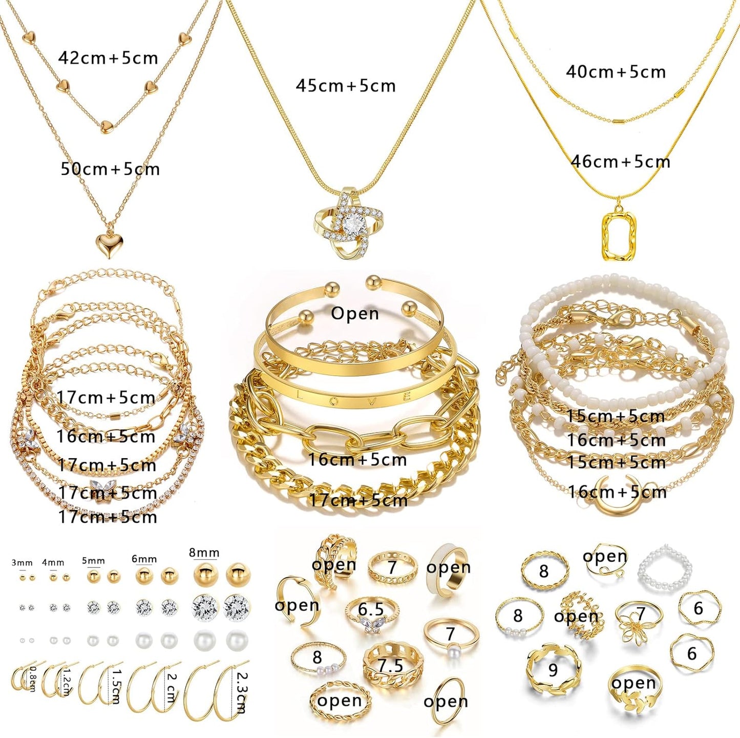 36 PC Gold Plated Jewelry Set with 4 Necklace, 11 Bracelet, 7 Ear Cuffs Earring, 14 Knuckle Rings for Women Girls Valentine Anniversary Birthday Friendship Gift