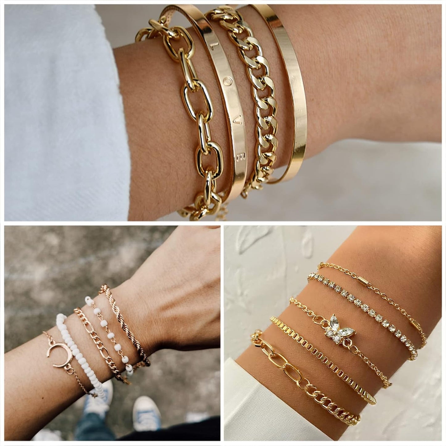 36 PC Gold Plated Jewelry Set with 4 Necklace, 11 Bracelet, 7 Ear Cuffs Earring, 14 Knuckle Rings for Women Girls Valentine Anniversary Birthday Friendship Gift