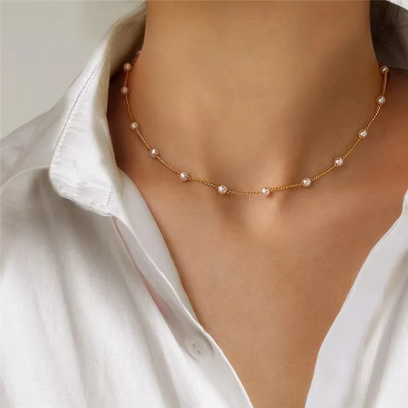3Pcs Women's Pearl Necklace Set 14K Gold Fashion Love Heart Pendant 