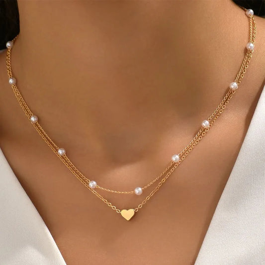 3Pcs Women's Pearl Necklace Set 14K Gold Fashion Love Heart Pendant 