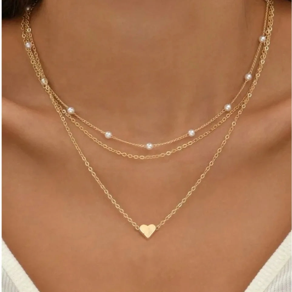 3Pcs Women's Pearl Necklace Set 14K Gold Fashion Love Heart Pendant 