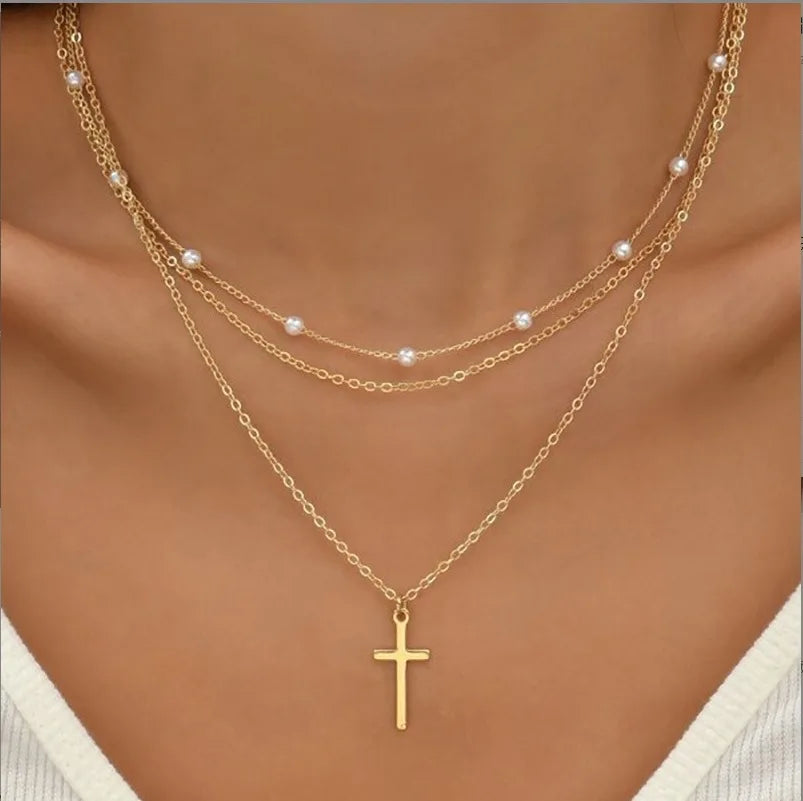 3Pcs Women's Pearl Necklace Set 14K Gold Fashion Love Heart Pendant 