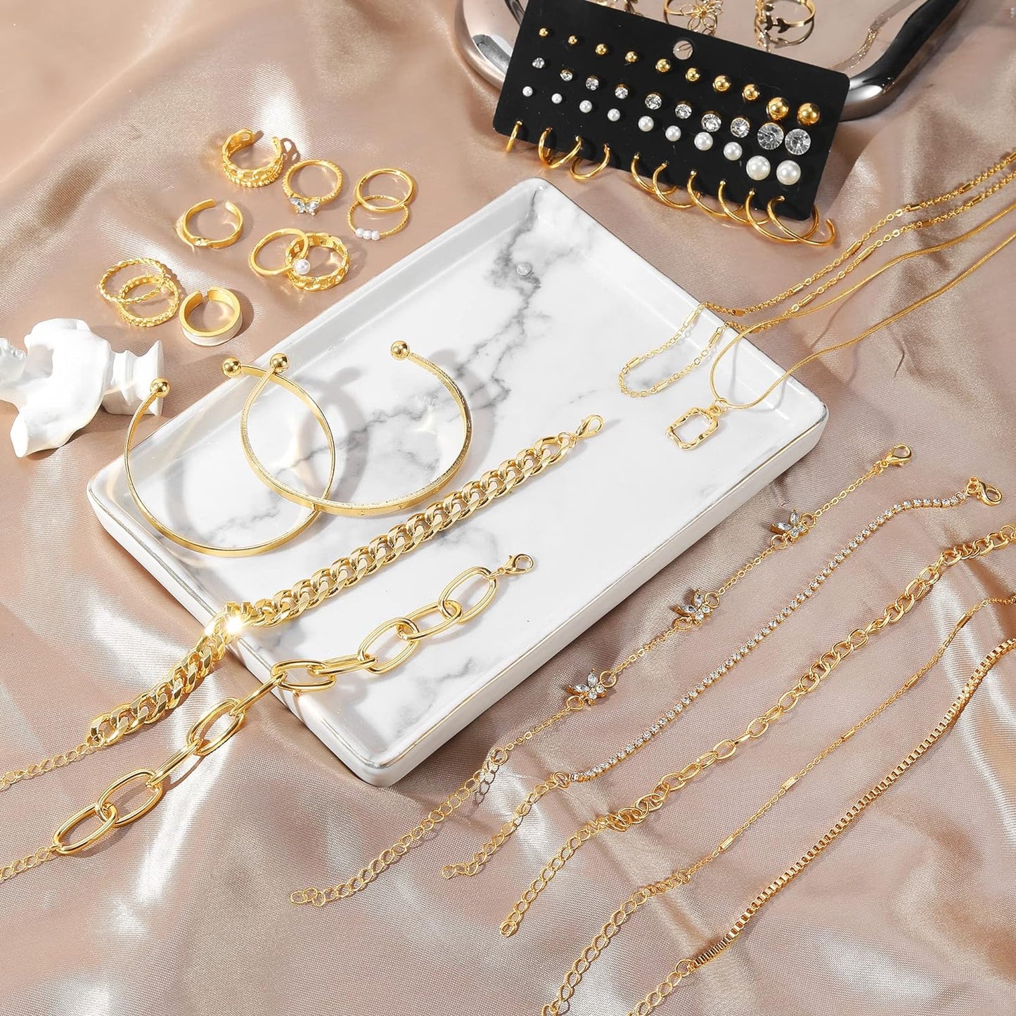 36 PC Gold Plated Jewelry Set with 4 Necklace, 11 Bracelet, 7 Ear Cuffs Earring, 14 Knuckle Rings for Women Girls Valentine Anniversary Birthday Friendship Gift