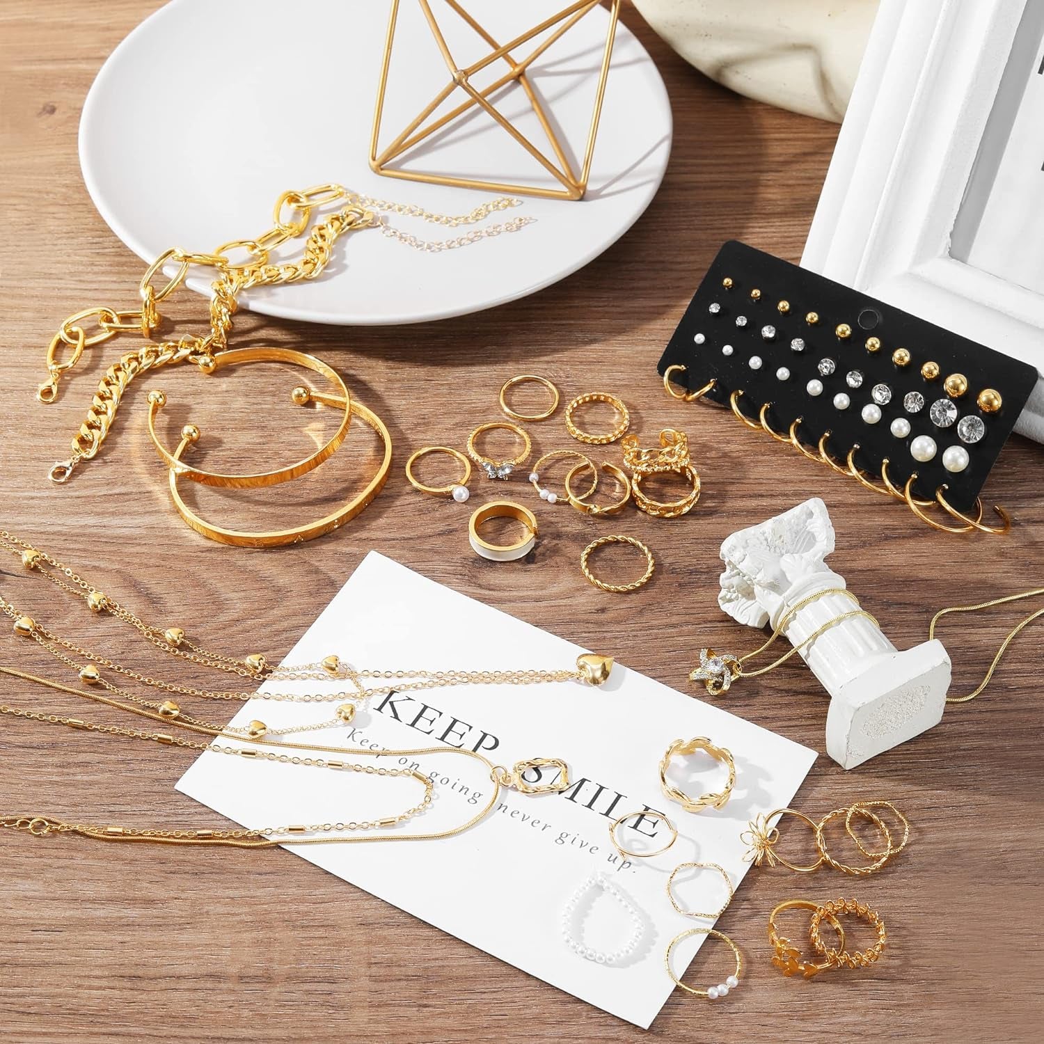 36 PC Gold Plated Jewelry Set with 4 Necklace, 11 Bracelet, 7 Ear Cuffs Earring, 14 Knuckle Rings for Women Girls Valentine Anniversary Birthday Friendship Gift