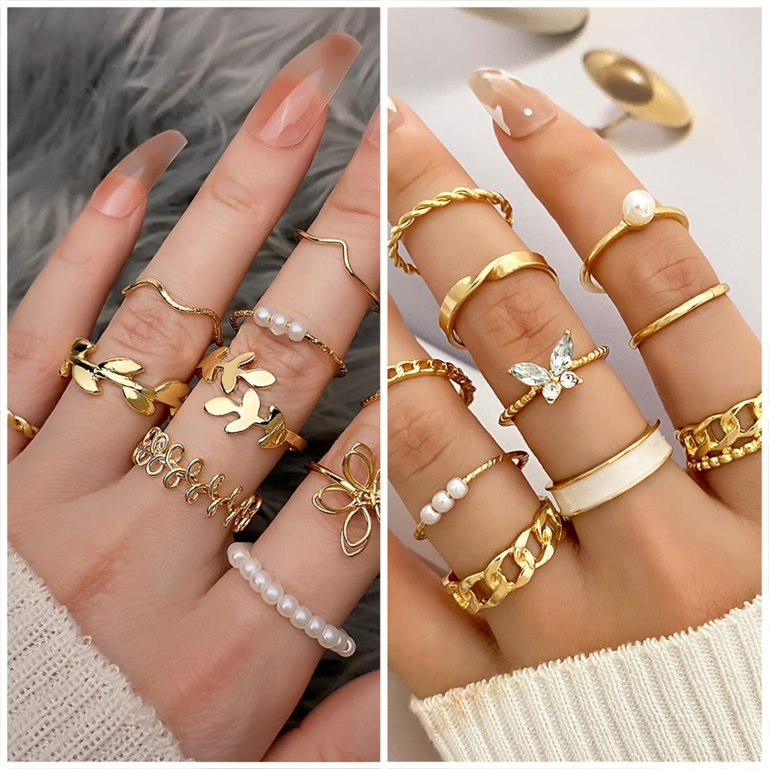 36 PC Gold Plated Jewelry Set with 4 Necklace, 11 Bracelet, 7 Ear Cuffs Earring, 14 Knuckle Rings for Women Girls Valentine Anniversary Birthday Friendship Gift
